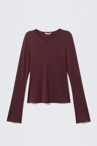 Langarmshirt mit V-Ausschnitt – Burgunderrot
