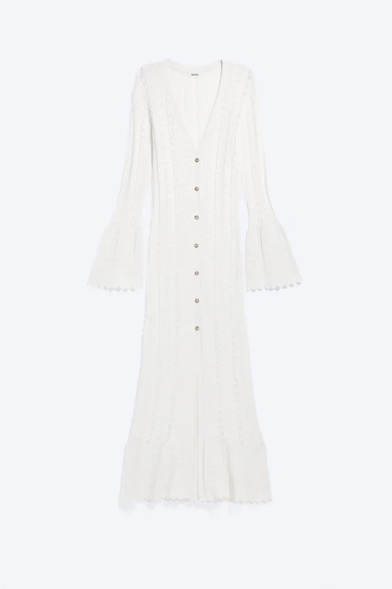 Lange, gerippte Strickjacke mit V-Ausschnitt – Weiß Lange, gerippte Strickjacke mit V-Ausschnitt – Weiß