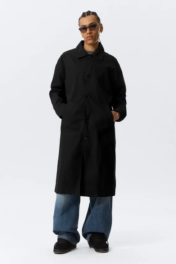 Langer, einreihiger Baumwoll-Car-Coat – gewaschen, schwarz Langer, einreihiger Baumwoll-Car-Coat – gewaschen, schwarz