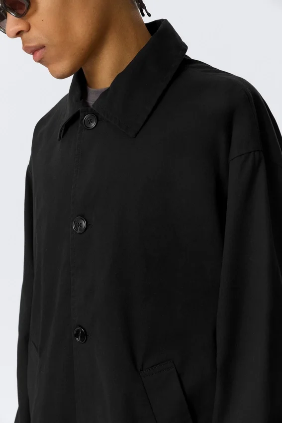 Langer, einreihiger Baumwoll-Car-Coat – gewaschen, schwarz Langer, einreihiger Baumwoll-Car-Coat – gewaschen, schwarz