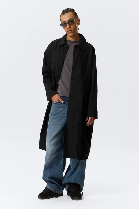 Langer, einreihiger Baumwoll-Car-Coat – gewaschen, schwarz Langer, einreihiger Baumwoll-Car-Coat – gewaschen, schwarz