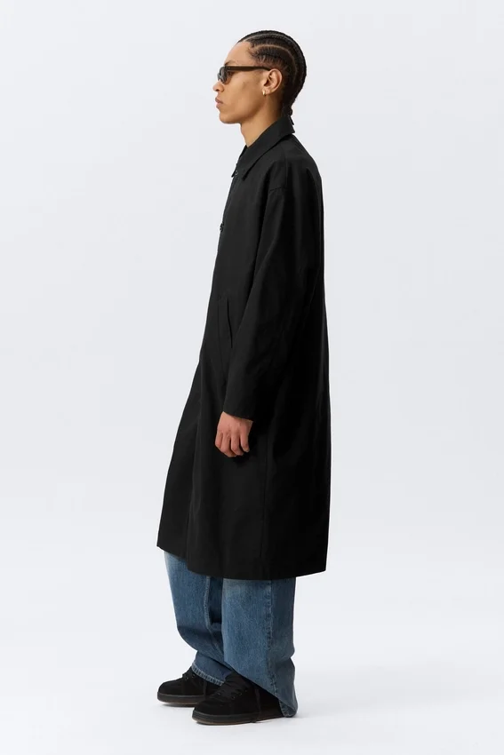 Langer, einreihiger Baumwoll-Car-Coat – gewaschen, schwarz Langer, einreihiger Baumwoll-Car-Coat – gewaschen, schwarz