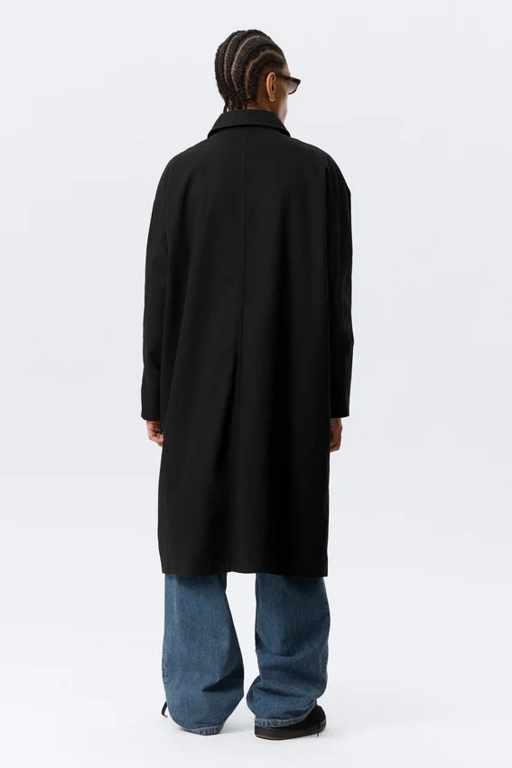 Langer, einreihiger Baumwoll-Car-Coat – gewaschen, schwarz Langer, einreihiger Baumwoll-Car-Coat – gewaschen, schwarz