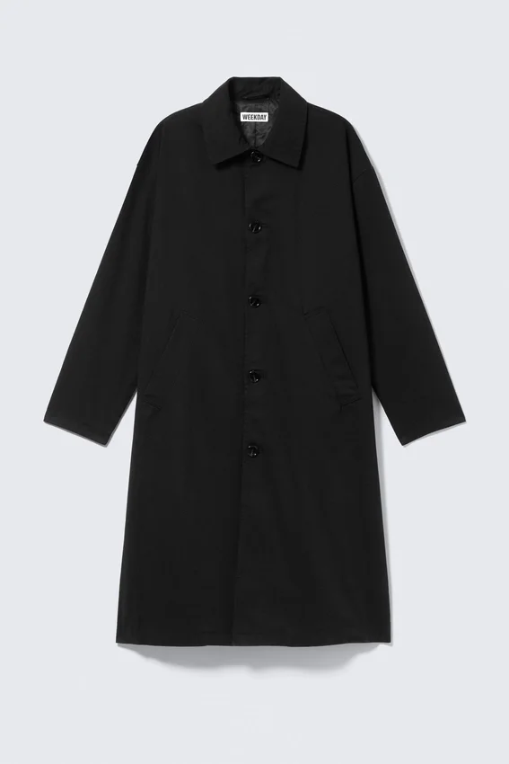 Langer, einreihiger Baumwoll-Car-Coat – gewaschen, schwarz Langer, einreihiger Baumwoll-Car-Coat – gewaschen, schwarz