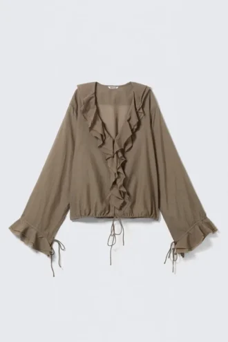 Langärmelige Wickelbluse mit Rüschen – Braun