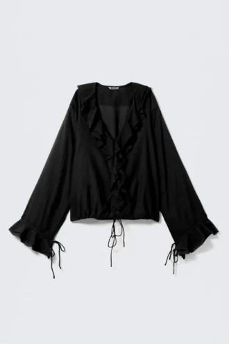 Langärmelige Wickelbluse mit Rüschen – Schwarz Langärmelige Wickelbluse mit Rüschen – Schwarz