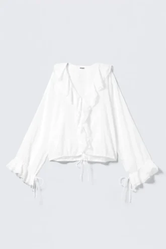 Langärmelige Wickelbluse mit Rüschen – Weiß Langärmelige Wickelbluse mit Rüschen – Weiß