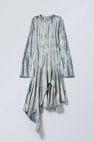 Langärmliges asymmetrisches Midikleid – Dunkelgrün – Tie-Dye