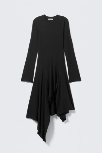 Langärmliges asymmetrisches Midikleid – Schwarz