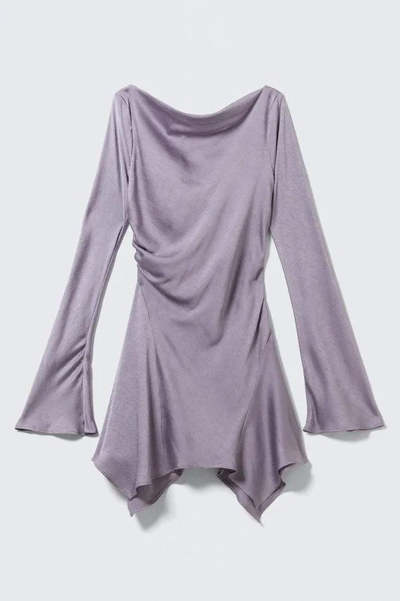Langärmliges, asymmetrisches Satin-Minikleid – Flieder Langärmliges, asymmetrisches Satin-Minikleid – Flieder