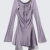 Langärmliges, asymmetrisches Satin-Minikleid – Flieder Langärmliges, asymmetrisches Satin-Minikleid – Flieder