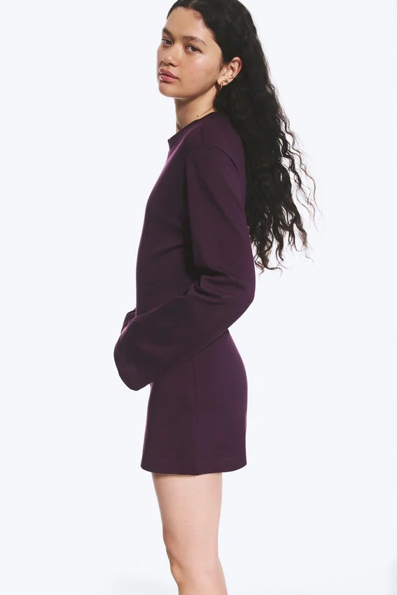 Langärmliges Minikleid aus Baumwolle – Dunkles Pflaumenblau Langärmliges Minikleid aus Baumwolle – Dunkles Pflaumenblau