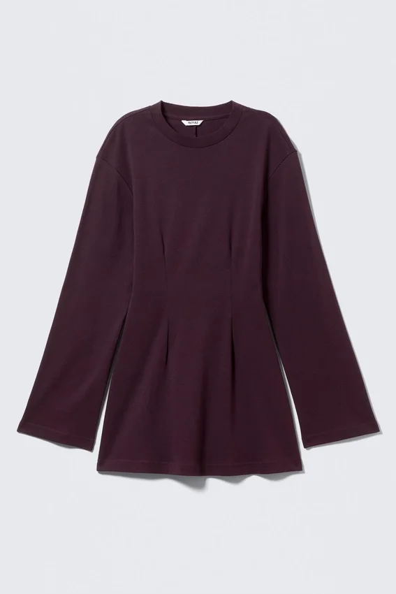 Langärmliges Minikleid aus Baumwolle – Dunkles Pflaumenblau Langärmliges Minikleid aus Baumwolle – Dunkles Pflaumenblau