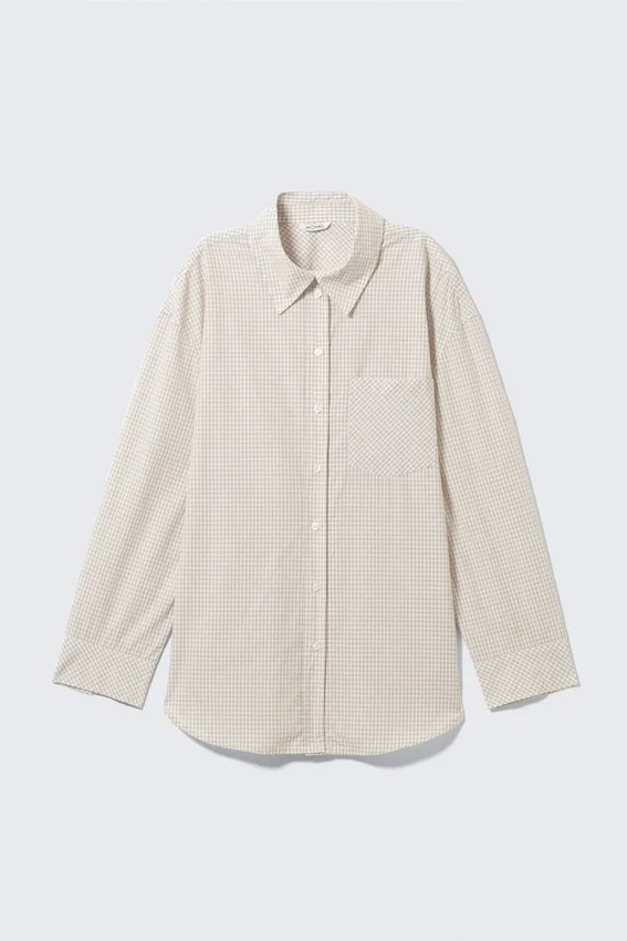 Langärmliges Oversize-Popeline-Hemd – Kariert, hellbeige Langärmliges Oversize-Popeline-Hemd – Kariert, hellbeige