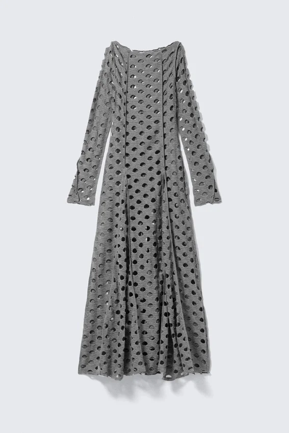 Langärmliges Used-Look-Maxikleid – Grau Langärmliges Used-Look-Maxikleid – Grau