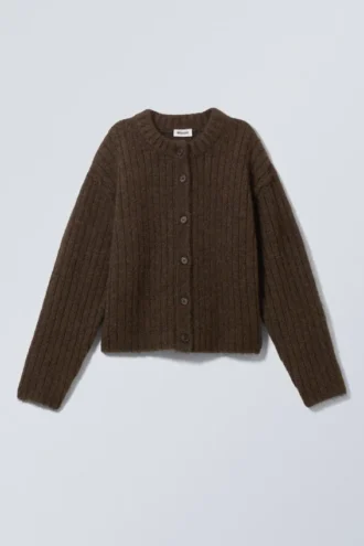 Locker gestrickte Strickjacke – Dunkelbraun meliert