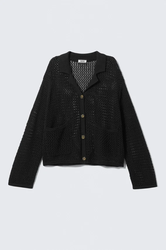 Locker gestrickte Strickjacke mit Knöpfen – Schwarz Locker gestrickte Strickjacke mit Knöpfen – Schwarz