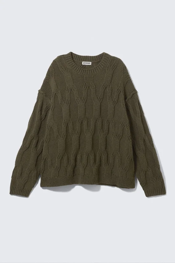 Locker gestrickter, strukturierter Pullover – Dunkelkhaki-Grün Locker gestrickter, strukturierter Pullover – Dunkelkhaki-Grün