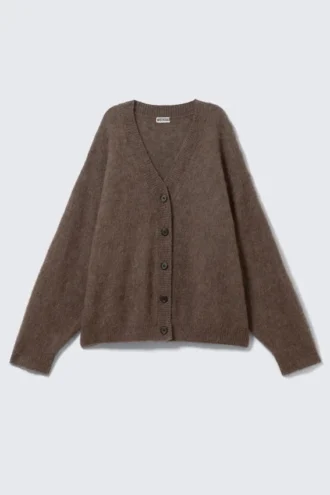Locker sitzende Strickjacke mit V-Ausschnitt aus Mohairmischung – Dunkelbraun meliert