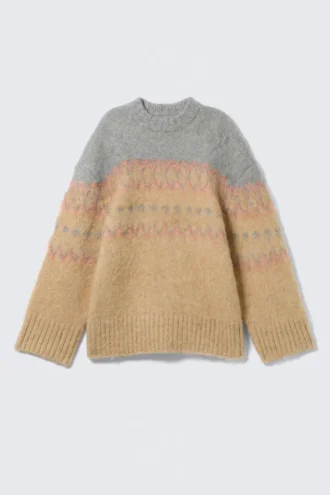 Locker sitzender, flauschiger Strickpullover – Beige/Grau Fairisle Locker sitzender, flauschiger Strickpullover – Beige/Grau Fairisle