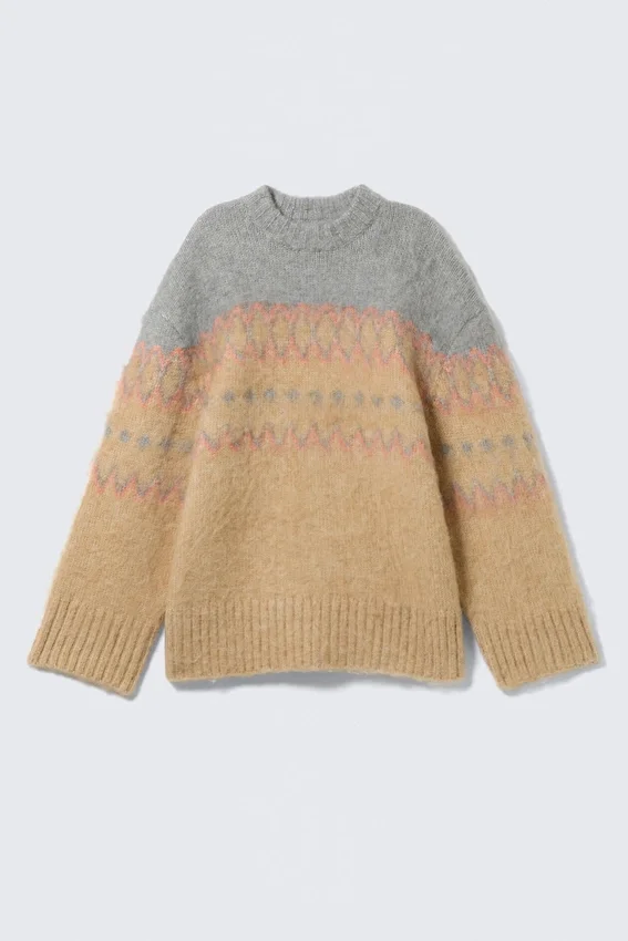 Locker sitzender, flauschiger Strickpullover – Beige/Grau Fairisle Locker sitzender, flauschiger Strickpullover – Beige/Grau Fairisle