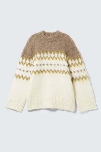 Locker sitzender, flauschiger Strickpullover – Weiß/Dunkelbeige Fairisle Locker sitzender, flauschiger Strickpullover – Weiß/Dunkelbeige Fairisle