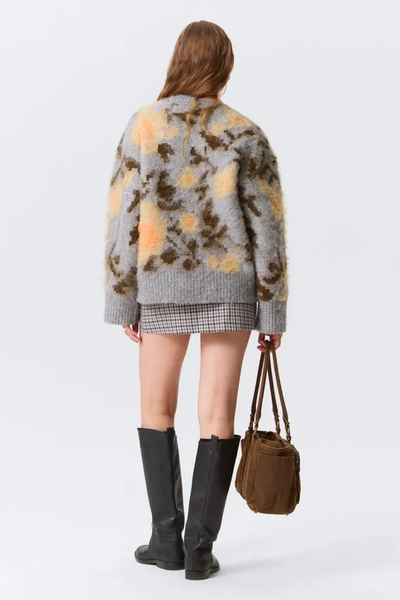 Locker sitzender, gebürsteter Jacquard-Strickpullover – Grau meliert – Jacquard Locker sitzender, gebürsteter Jacquard-Strickpullover – Grau meliert – Jacquard