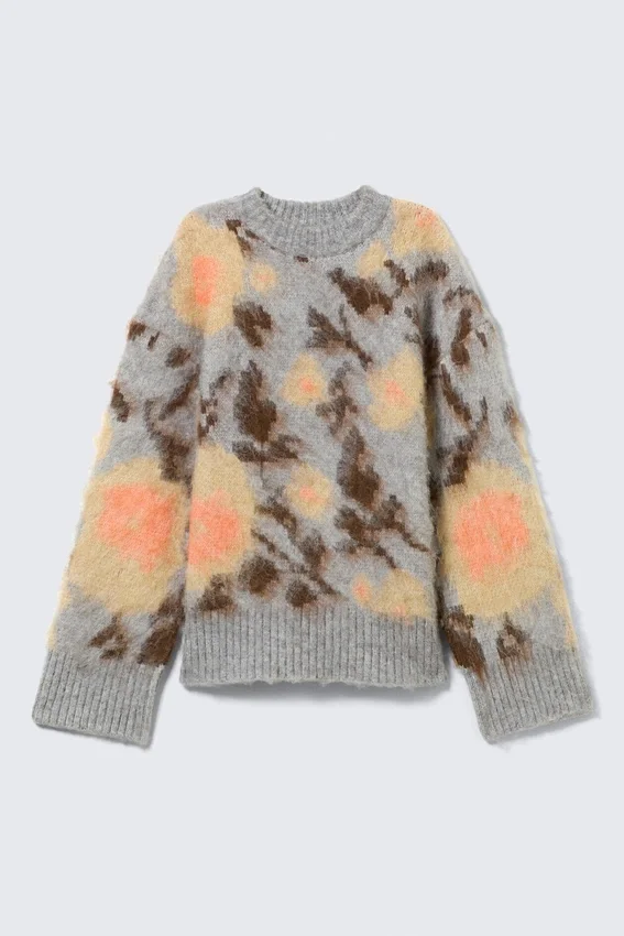 Locker sitzender, gebürsteter Jacquard-Strickpullover – Grau meliert – Jacquard Locker sitzender, gebürsteter Jacquard-Strickpullover – Grau meliert – Jacquard