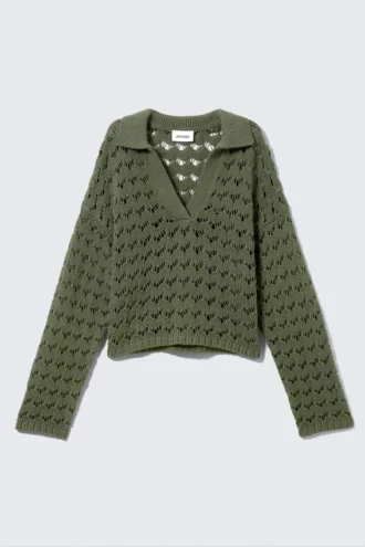 Locker sitzender Pullover mit offenem Strickmuster – Dunkelkhaki-Grün