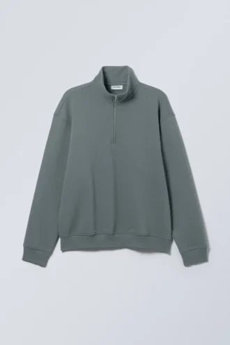 Locker sitzender, schwerer Pullover mit halbem Reißverschluss – Dunkel-Türkis