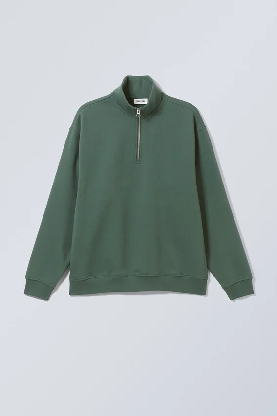 Locker sitzender, schwerer Pullover mit halbem Reißverschluss – Dunkelgrün Locker sitzender, schwerer Pullover mit halbem Reißverschluss – Dunkelgrün
