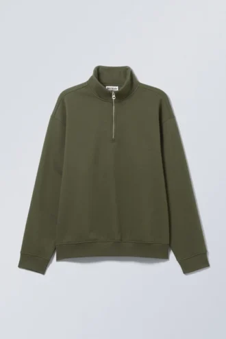 Locker sitzender, schwerer Pullover mit halbem Reißverschluss – Dunkelkhaki-Grün