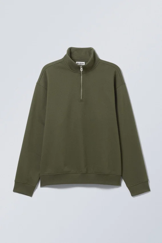 Locker sitzender, schwerer Pullover mit halbem Reißverschluss – Dunkelkhaki-Grün Locker sitzender, schwerer Pullover mit halbem Reißverschluss – Dunkelkhaki-Grün