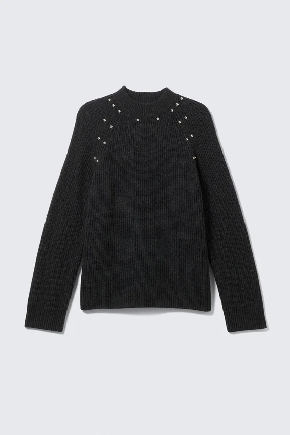 Locker sitzender Strickpullover aus Wollmischung mit Nieten – Schwarz – Nieten Locker sitzender Strickpullover aus Wollmischung mit Nieten – Schwarz – Nieten