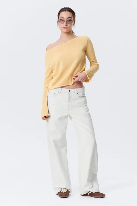 Locker sitzender Strickpullover mit U-Boot-Ausschnitt – Hellgelb Locker sitzender Strickpullover mit U-Boot-Ausschnitt – Hellgelb