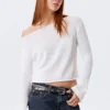 Locker sitzender Strickpullover mit U-Boot-Ausschnitt – Weiß Locker sitzender Strickpullover mit U-Boot-Ausschnitt – Weiß