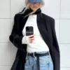 Locker sitzender Zweireiher-Blazer aus Leinenmischung – Schwarz Locker sitzender Zweireiher-Blazer aus Leinenmischung – Schwarz