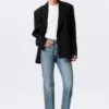 Locker sitzender Zweireiher-Blazer aus Leinenmischung – Schwarz Locker sitzender Zweireiher-Blazer aus Leinenmischung – Schwarz