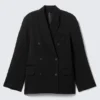 Locker sitzender Zweireiher-Blazer aus Leinenmischung – Schwarz Locker sitzender Zweireiher-Blazer aus Leinenmischung – Schwarz