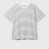 Locker sitzendes, kastenförmiges Baumwoll-T-Shirt – gestreift, weiß