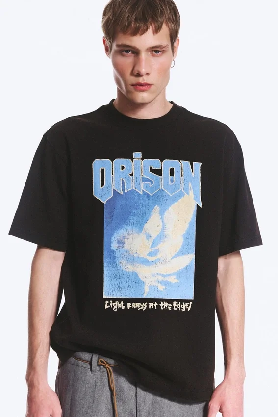 Locker sitzendes T-Shirt mit Print – Schwarz – Vögel Locker sitzendes T-Shirt mit Print – Schwarz – Vögel