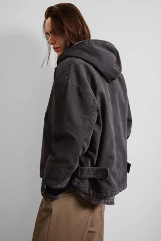 Lockere Canvas-Jacke mit Kapuze – Schwarz meliert