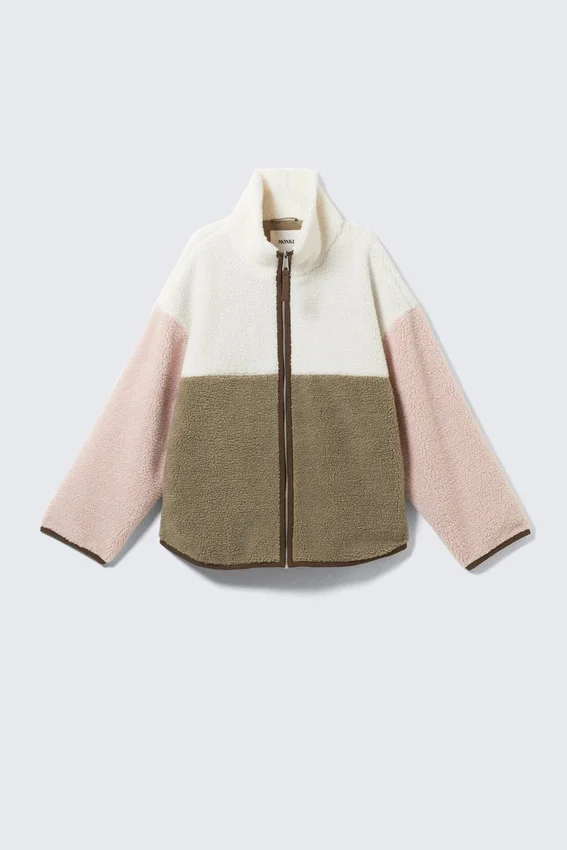 Lockere Fleece-Jacke mit Reißverschluss – Weiß/Khaki/Rosa Lockere Fleece-Jacke mit Reißverschluss – Weiß/Khaki/Rosa