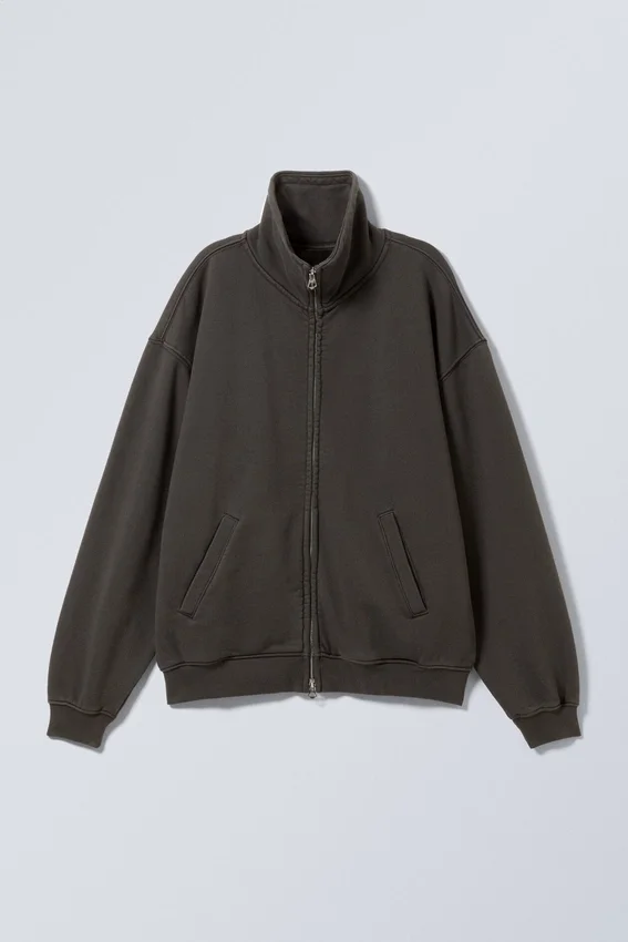 Lockere Strickjacke mit Trichterkragen und Reißverschluss – gewaschenes Dunkelgrau Lockere Strickjacke mit Trichterkragen und Reißverschluss – gewaschenes Dunkelgrau