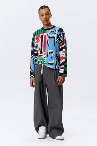 Lockerer, grafisch mit Print bedruckter Baumwoll-Pullover – mehrfarbiger Print