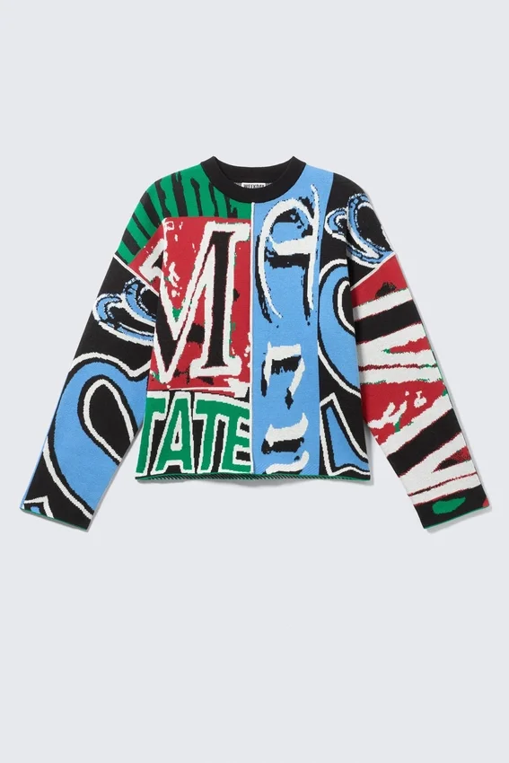 Lockerer, grafisch mit Print bedruckter Baumwoll-Pullover – mehrfarbiger Print Lockerer, grafisch mit Print bedruckter Baumwoll-Pullover – mehrfarbiger Print