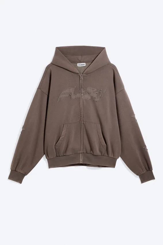 Lockerer Kapuzenpullover mit Reißverschluss und Print – Dark Mole – Flow Lockerer Kapuzenpullover mit Reißverschluss und Print – Dark Mole – Flow