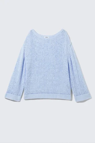 Lockerer, offen gestrickter Pullover mit Seitenschlitzen – Hellblau