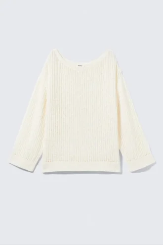 Lockerer, offen gestrickter Pullover mit Seitenschlitzen – Weiß