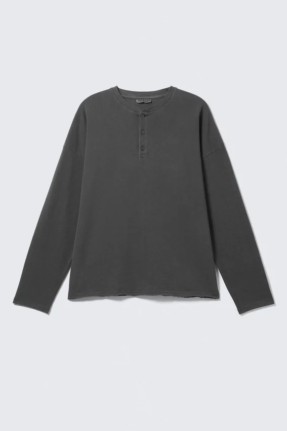Lockeres Langarm-Henley-T-Shirt – Dunkelgrau Lockeres Langarm-Henley-T-Shirt – Dunkelgrau